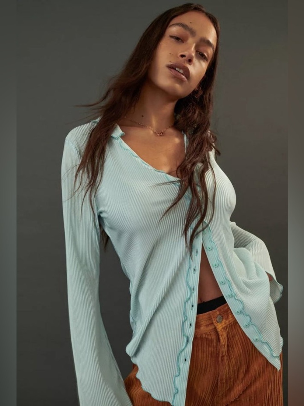 Urban Outfitters Lille Plissé Blouse Light Blue Ruffle Button Top NWT M
